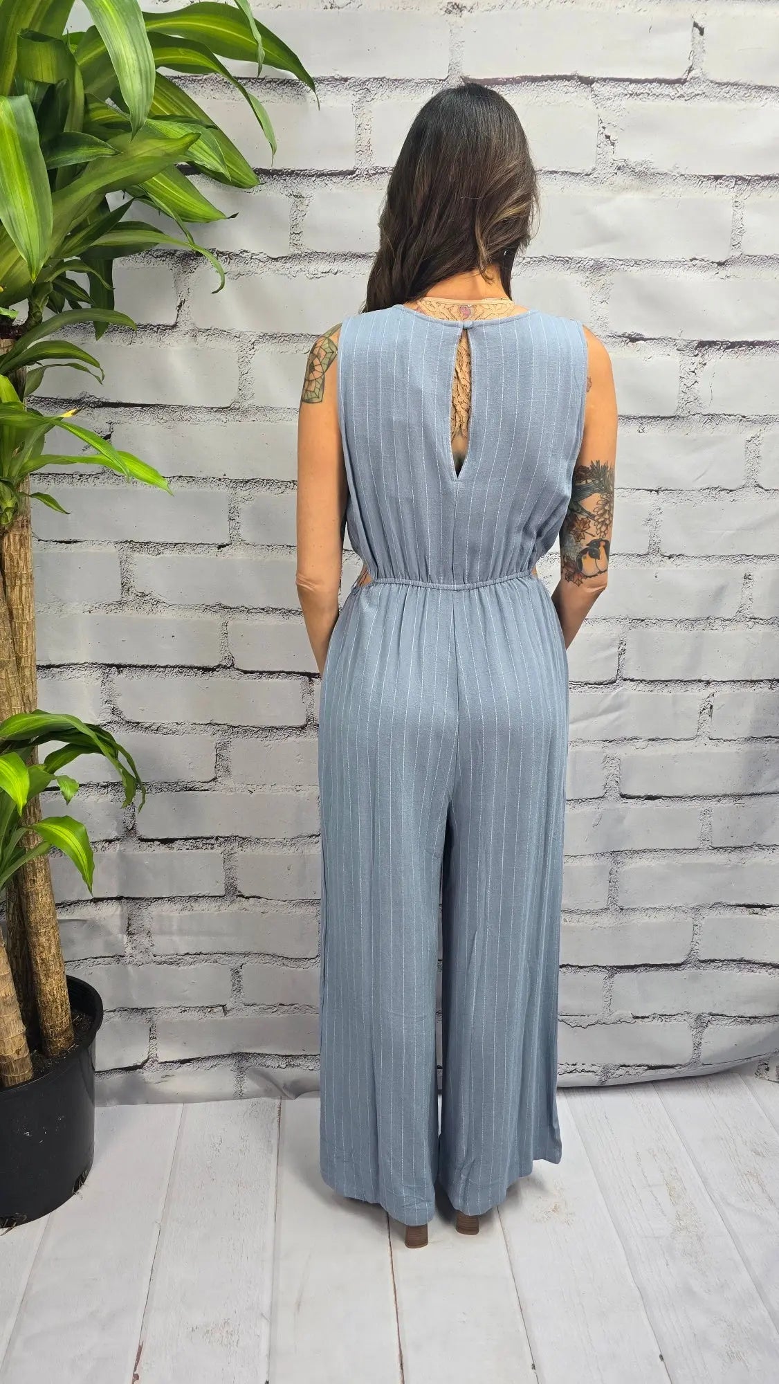 Bailey Pinstriped Linen V-Neck Jumpsuit Allie Rose