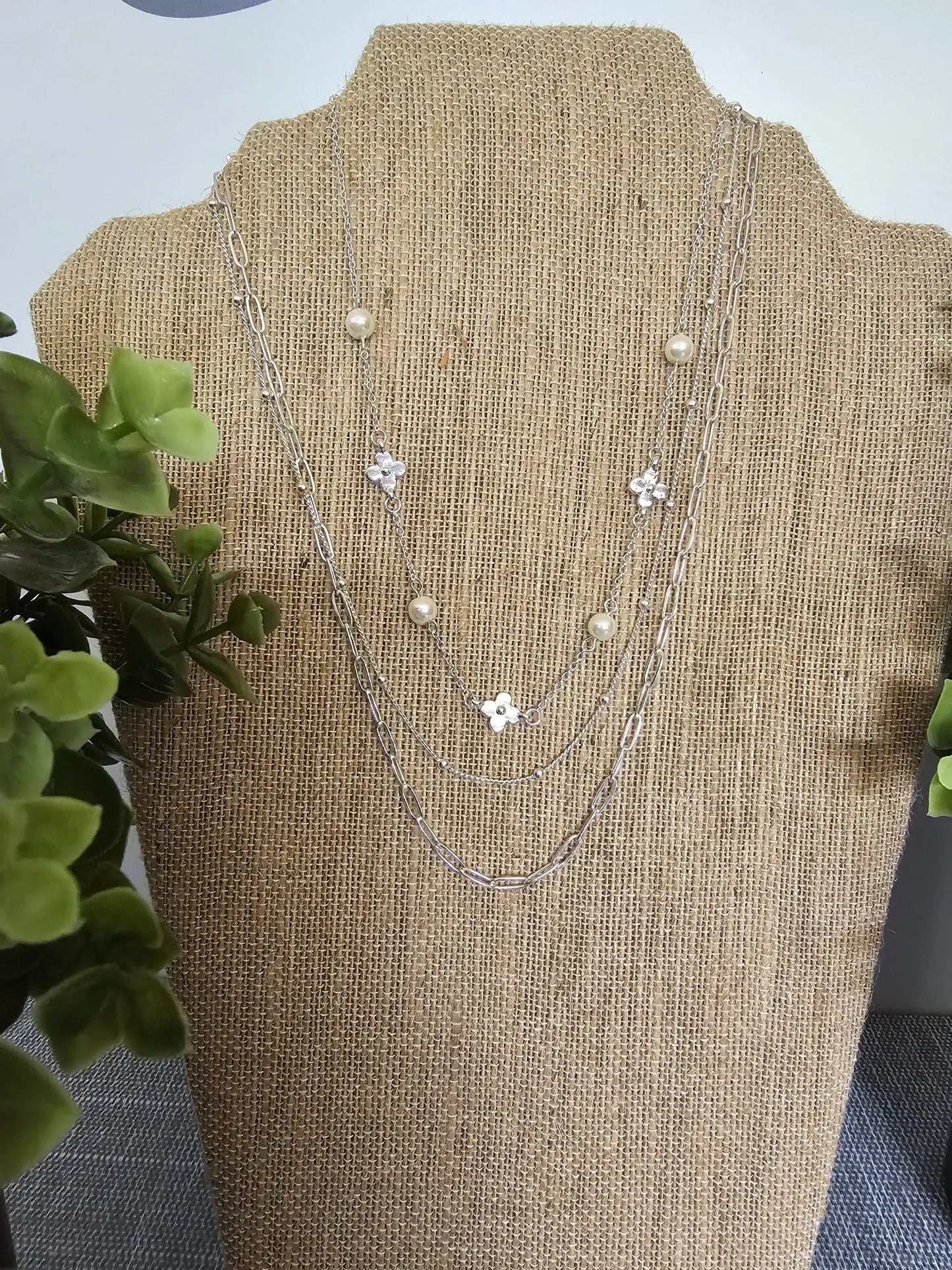 Pearl & Flower Triple Chain Necklace What's Hot