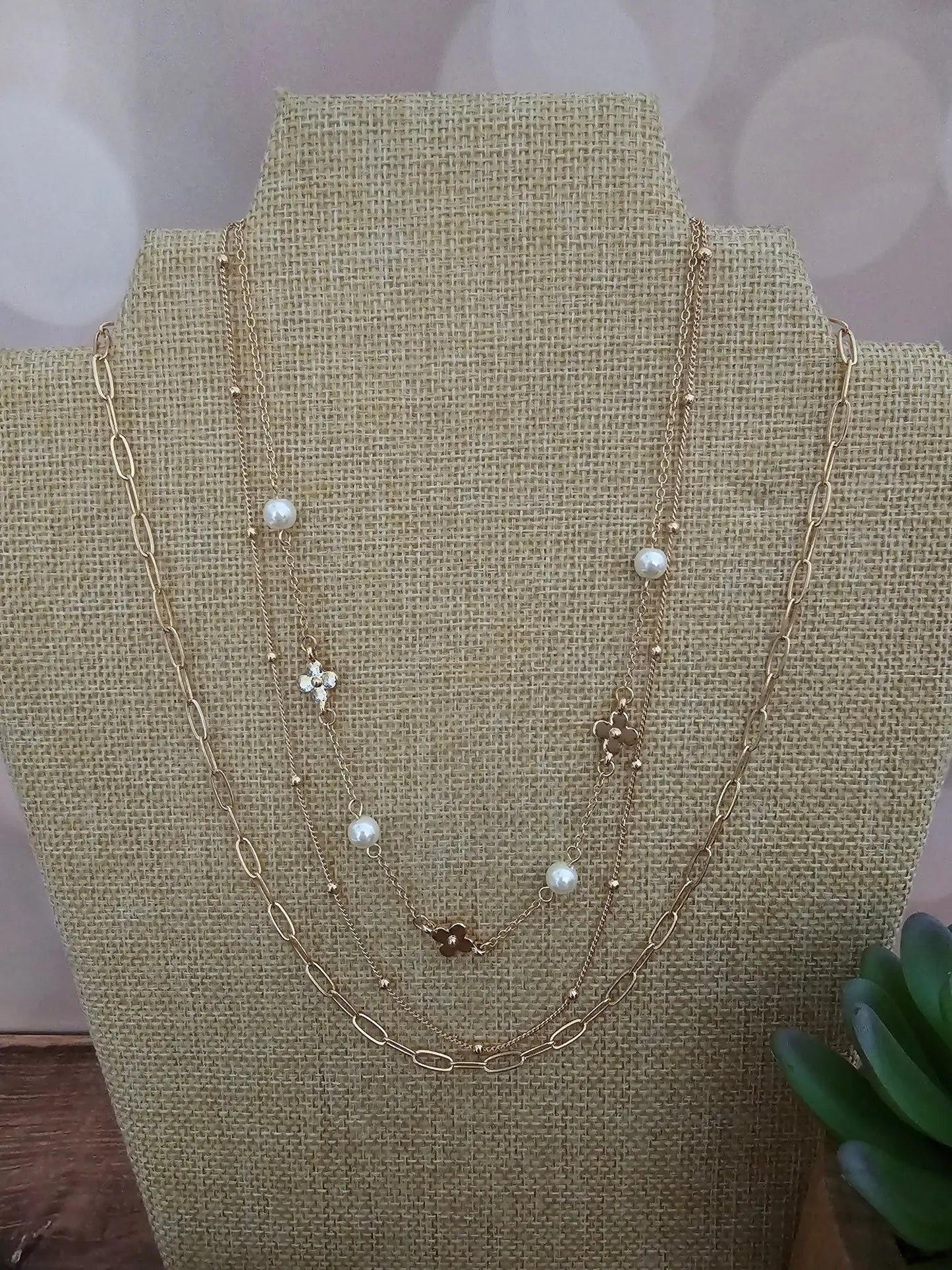 Pearl & Flower Triple Chain Necklace What's Hot
