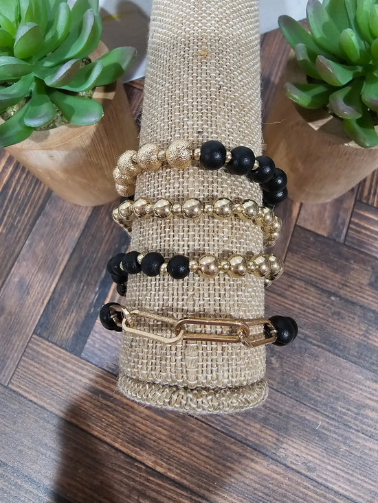 Black & Gold Bead & Chain Bracelet Set What's Hot