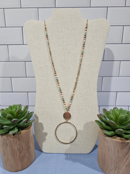 Long Multi Color Bead & Gold Necklace W/Circle Pendant What's Hot