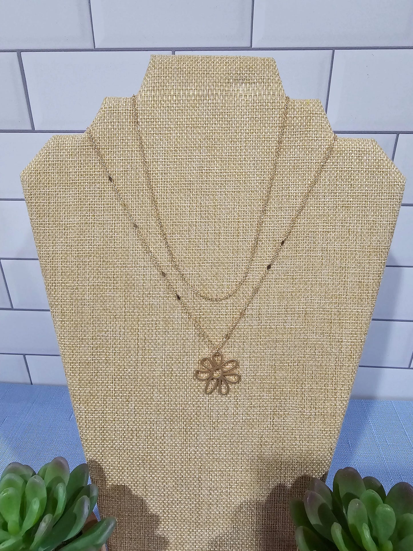 Dual Chain Necklace w/Open Flower Necklace What's Hot