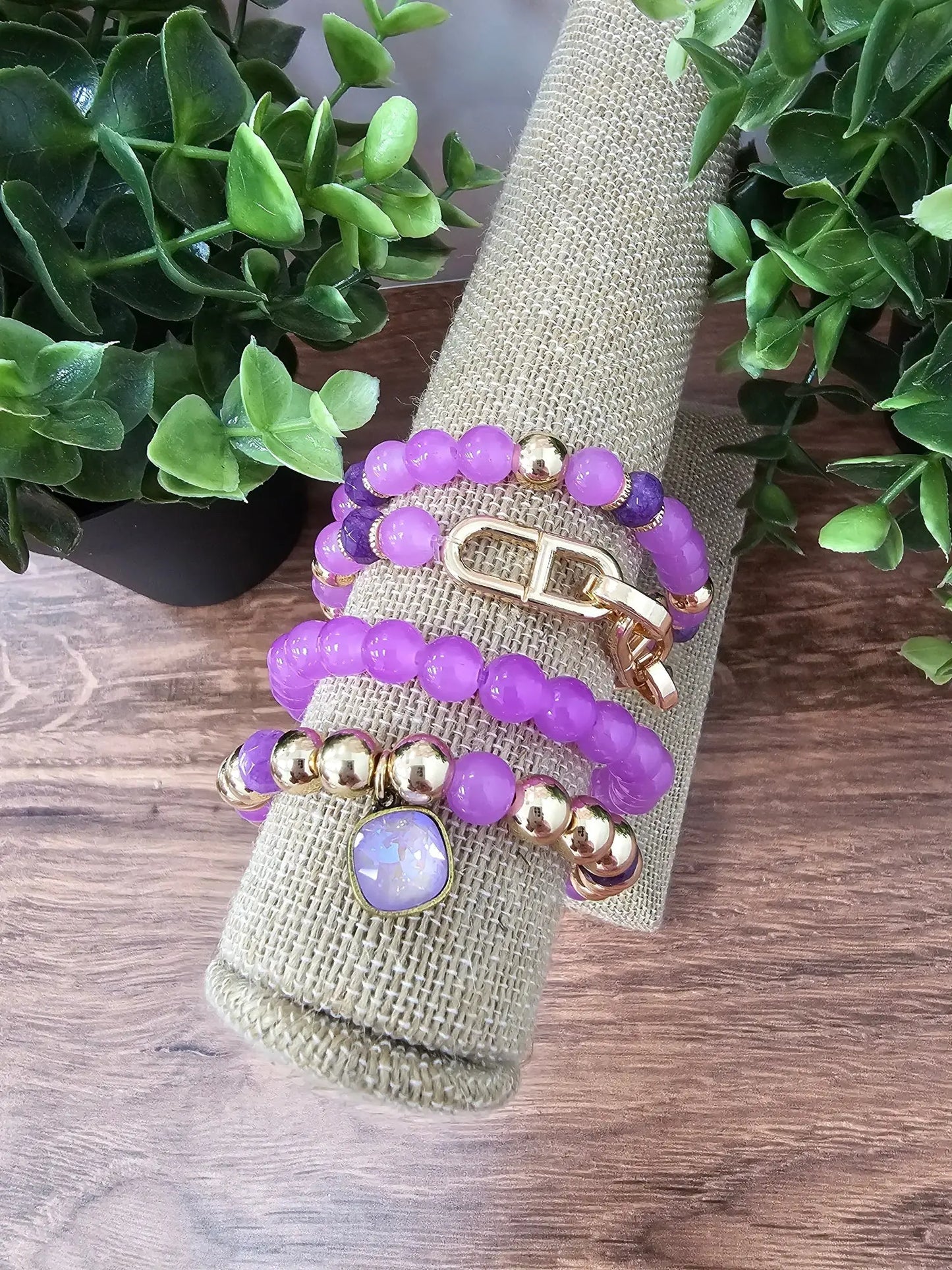 Purple & Gold Bead Bracelet Set Pink Panache