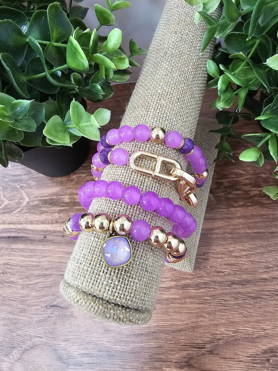 Purple & Gold Bead Bracelet Set Pink Panache