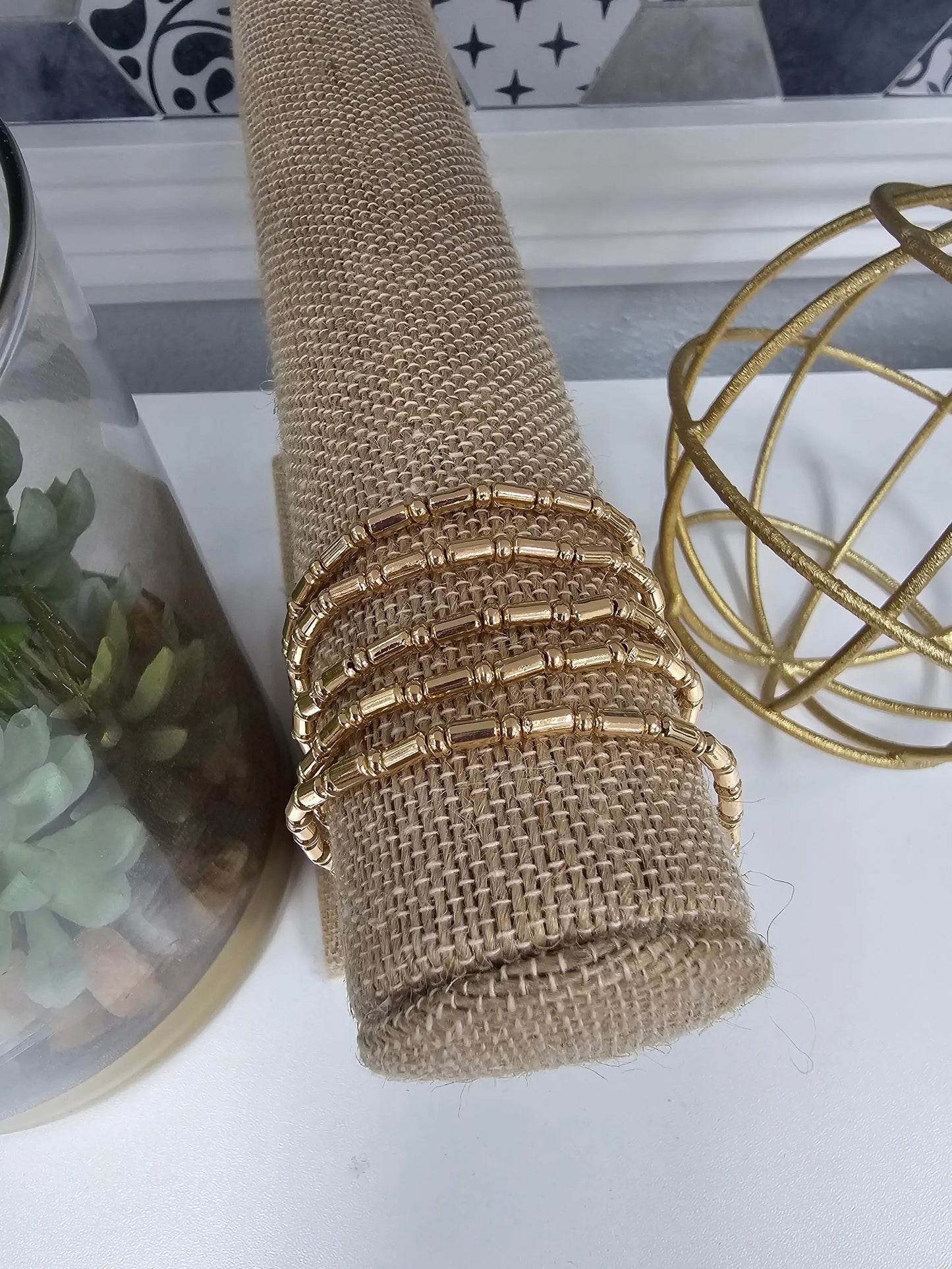 Gold Rectangle and Small Beaded Set of 5 Stretch Bracelets What's Hot