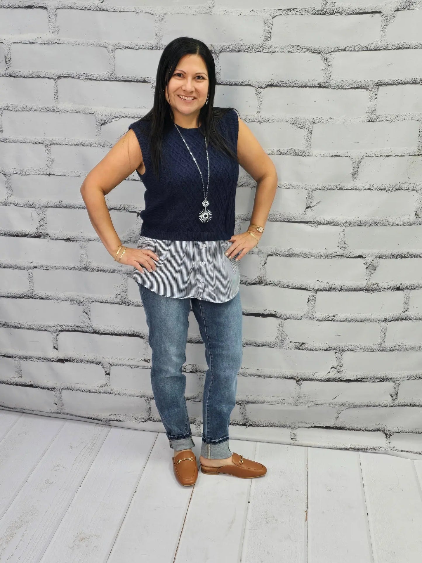 Navy Sweater Striped Sleeveless Shirt Ee:some
