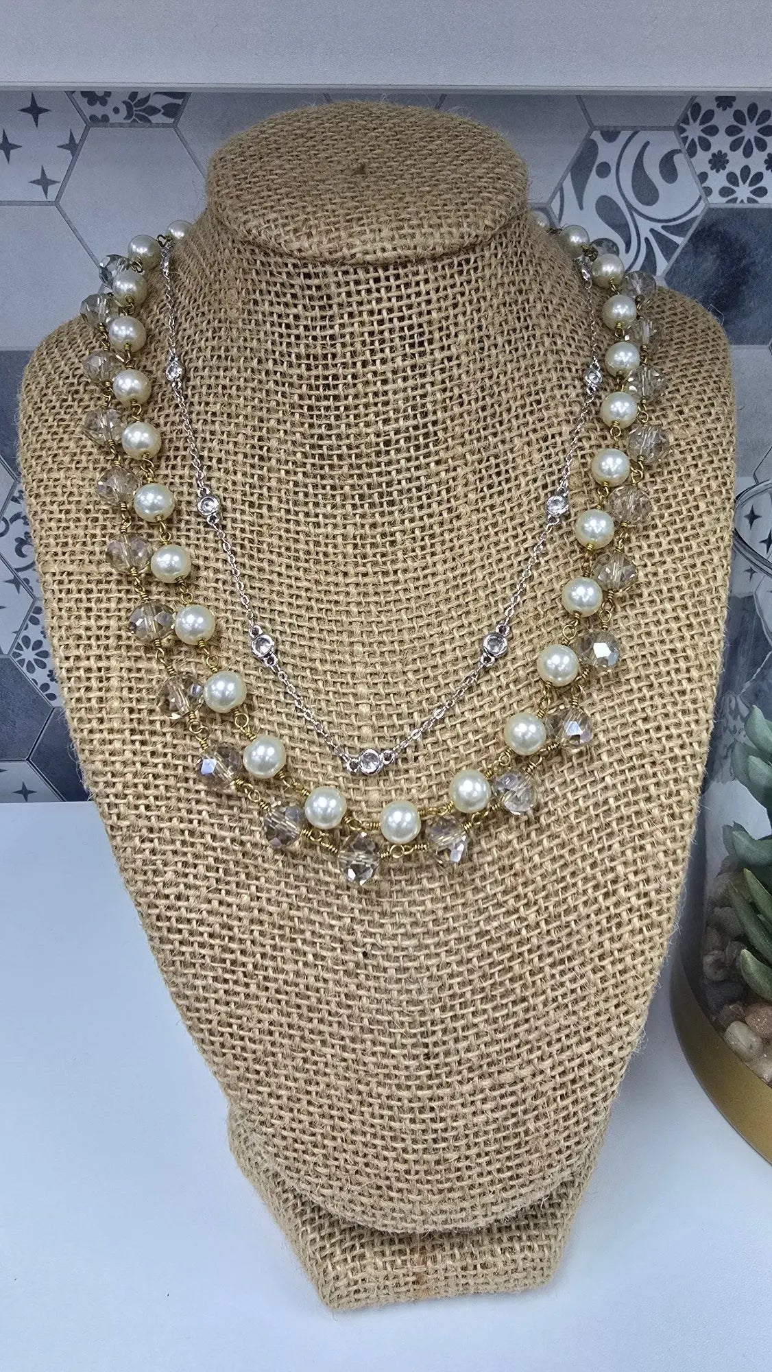 Necklace | Glass &amp; White Pearl Beads with Glass Beveled Beads rant & rave