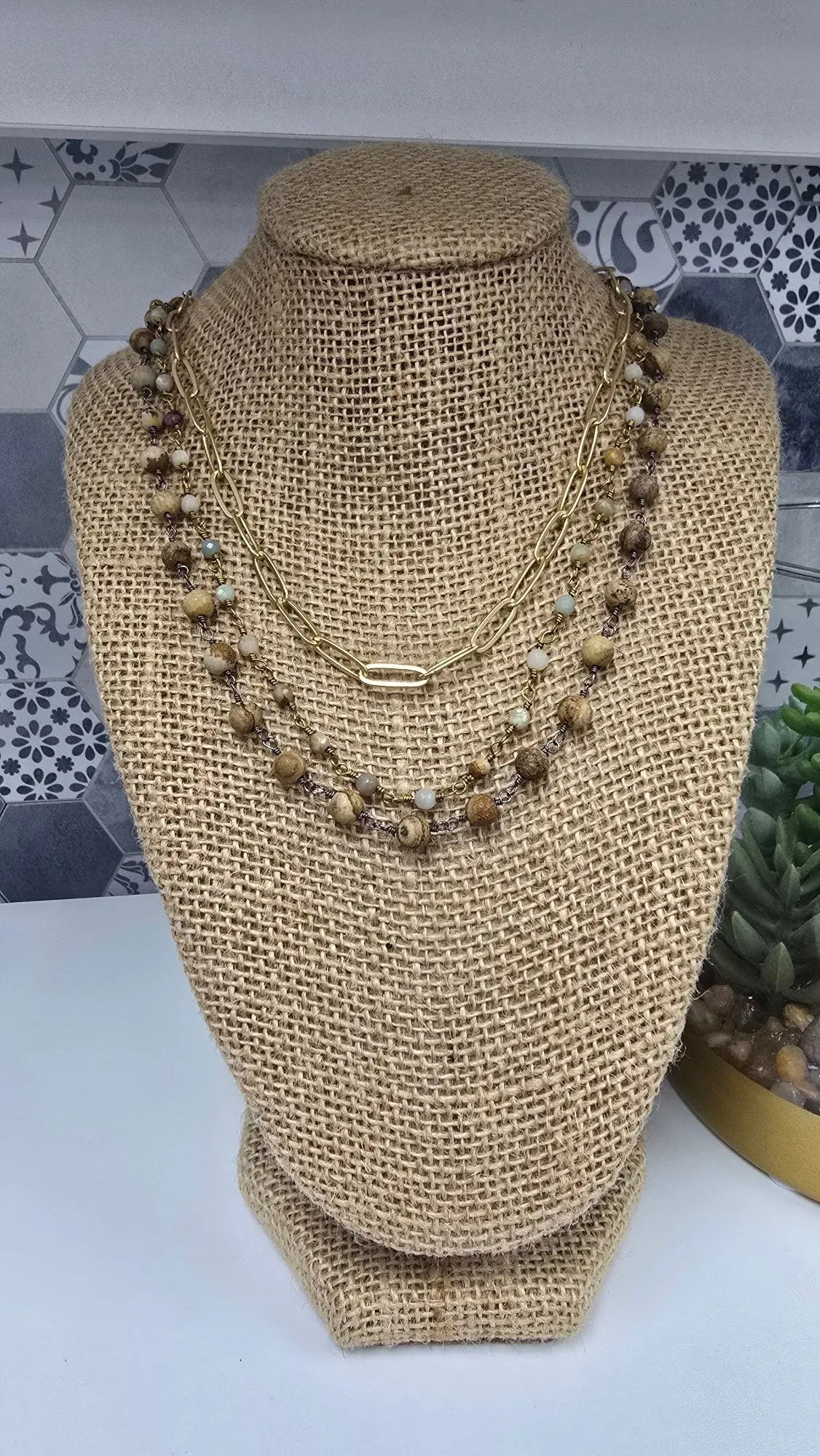Gold Paperclip Necklace w/Amazonite & Jasper rant & rave