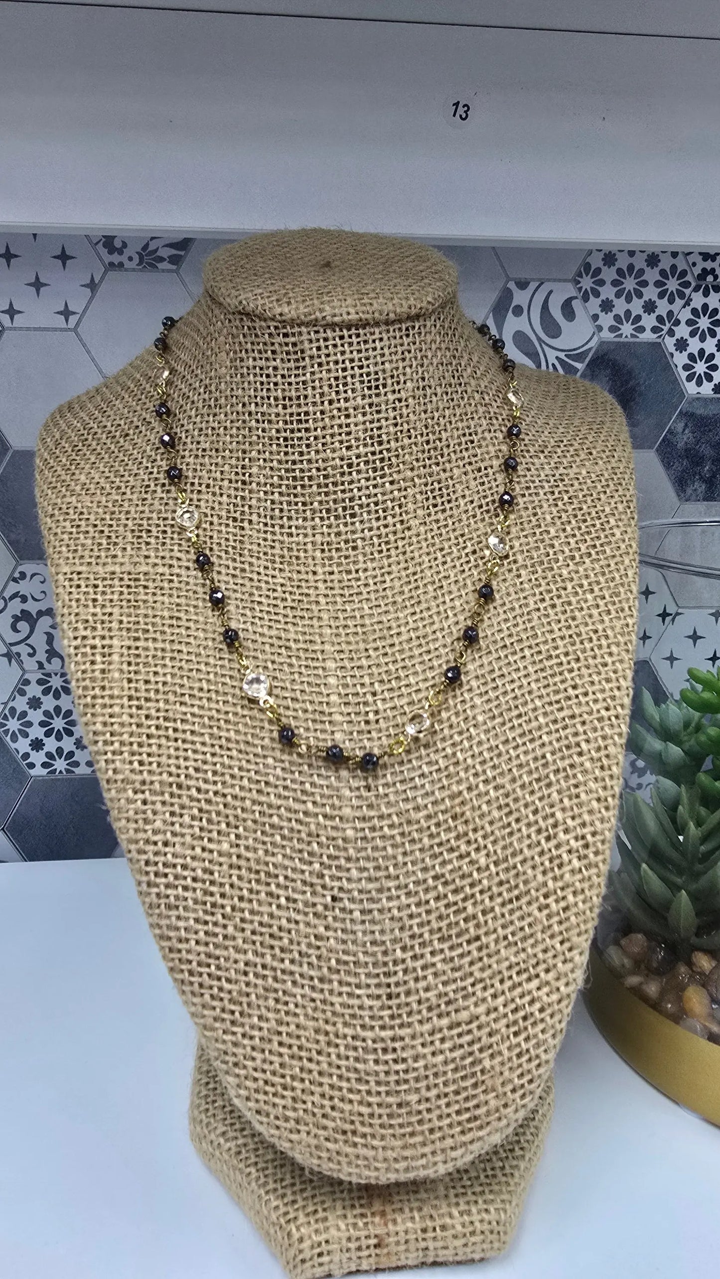 Hematite Gold Chain W/Gold Bevelled Glass18” rant & rave