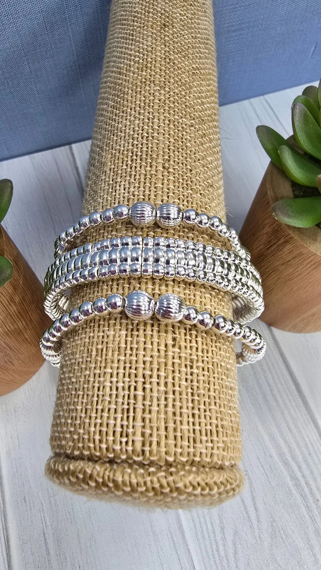 Water Resistant Set of 3 Silver Beaded Bracelets What's Hot