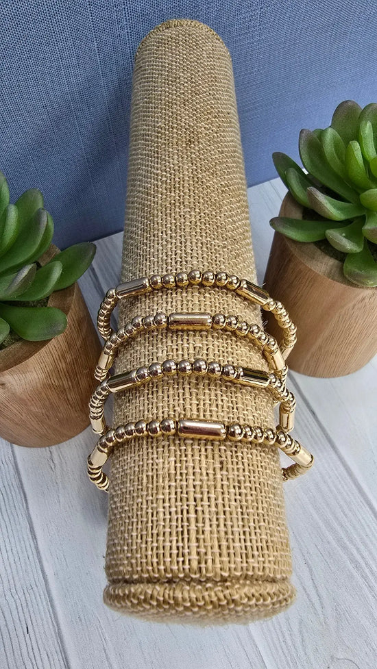 Gold Beaded Cylinder Set of 4 Stretch Bracelets what