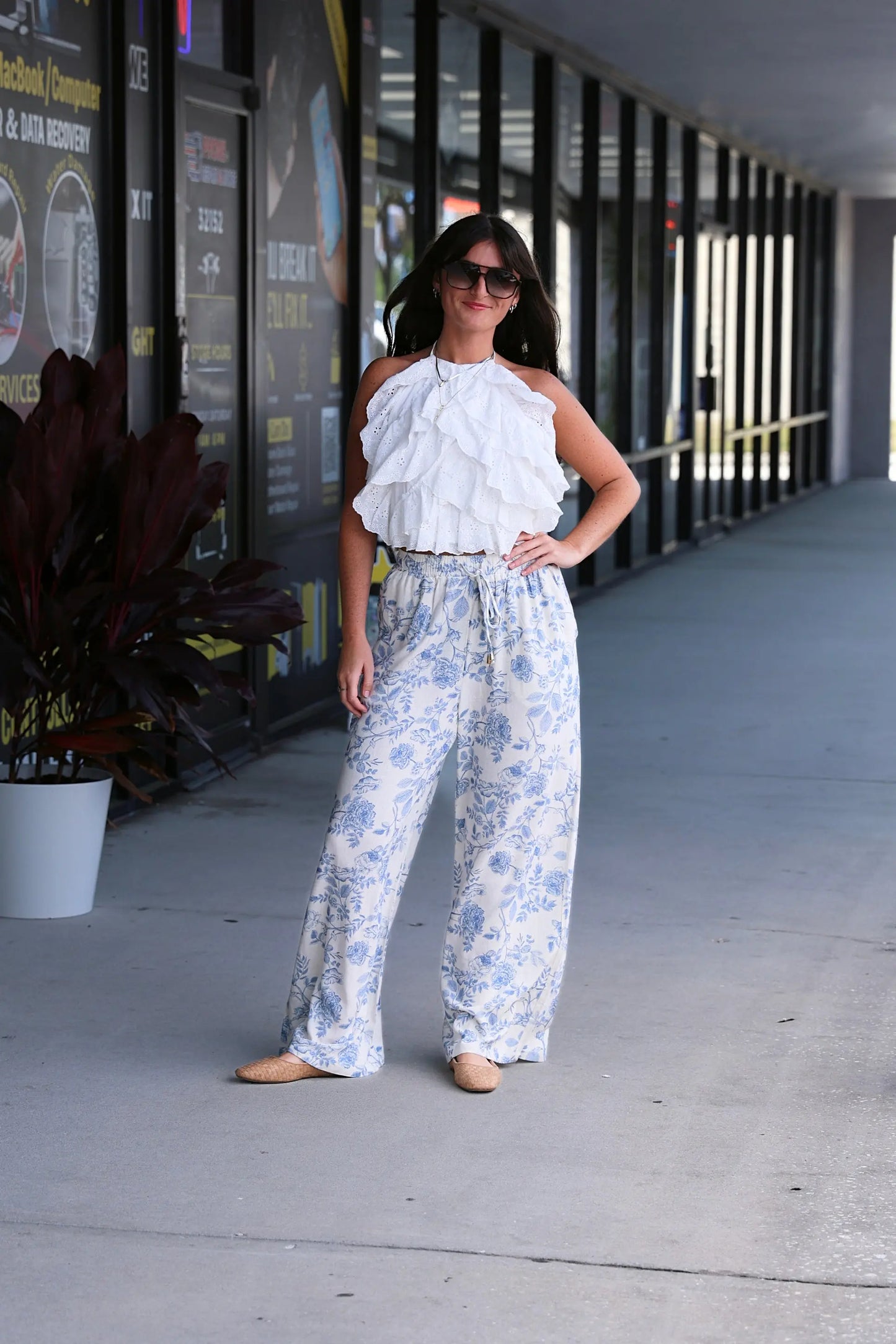 Printed Soft Linen Elastic Tie Waist Wide Leg Pants Allie Rose