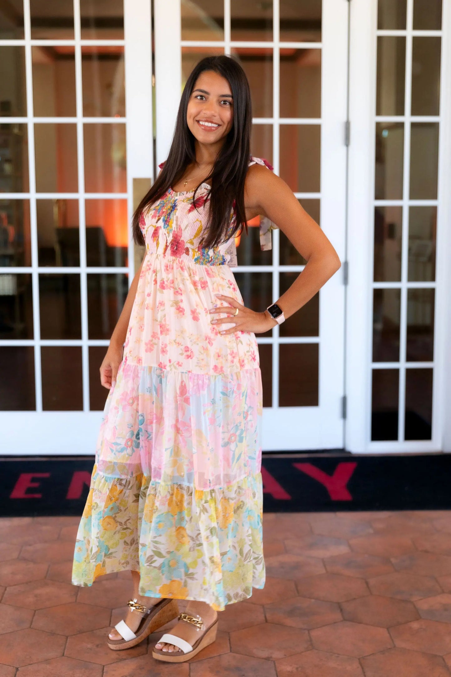 Strap Tied Smocked Top Tiered Long Dress Mystree