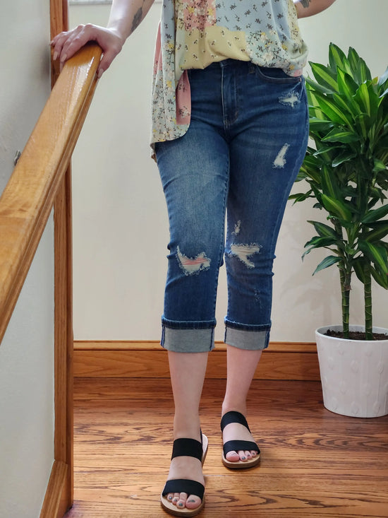 CUFFED DISTRESS CAPRI NO RETURNS Clearance Judy Blue